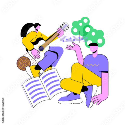 Musical camp abstract concept vector illustration. Young music talent, musical summer camp, singing course, playing instrument, final live performance, daily rehearsal on stage abstract metaphor.