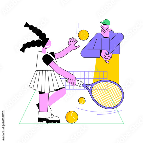 Tennis camp abstract concept vector illustration. Summer sport camp, tennis academy, junior training, kids specialty vacation program, physical activity, private instructor abstract metaphor.