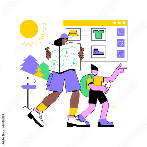 Summer hiking abstract concept vector illustration. Hiking in heat, summer trekking, active vacation, buy boots and outfit, natural park trails, guide service, backpacker abstract metaphor.