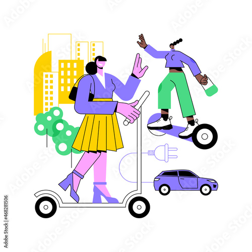 Personal electric transport abstract concept vector illustration. Electric scooter rental, two wheels, portable light vehicle, personal green transport, urban transportation abstract metaphor.