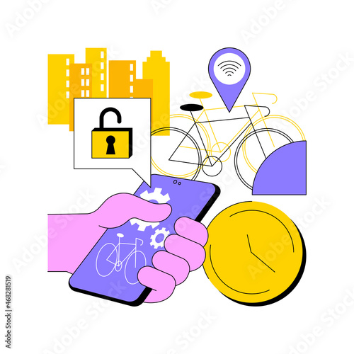 Bike sharing abstract concept vector illustration. Public bike rental, bicycle sharing application, green urban transportation, book a ride online, ecological city transport abstract metaphor.