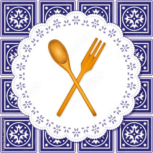 Kitchen tools, wooden salad spoon and fork on Spanish tile background, vector includes tile pattern swatch that will seamlessly fill any shape. 