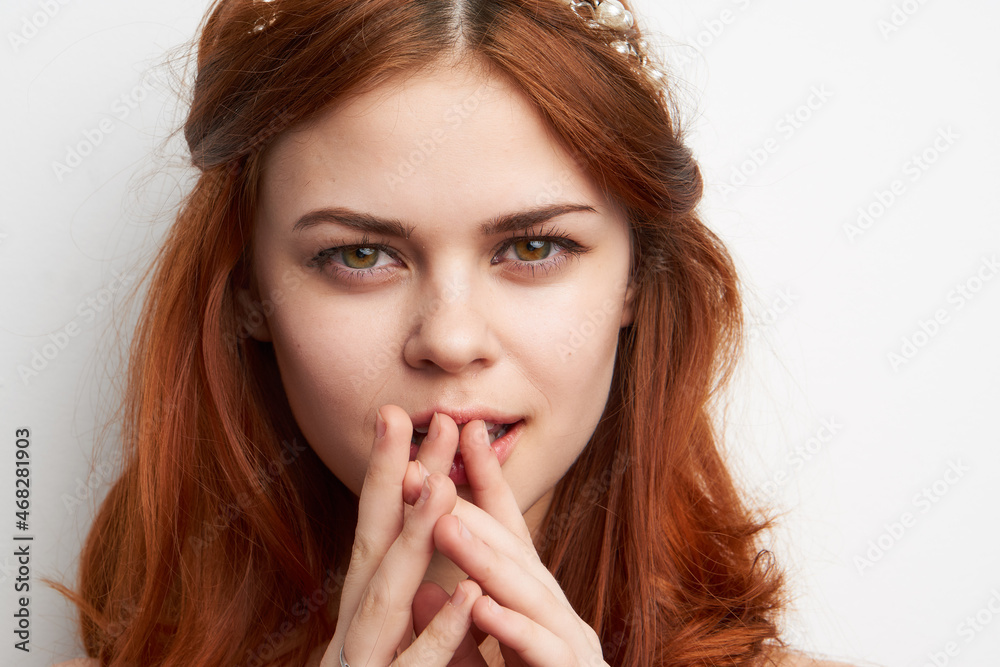 cheerful woman with bare shoulders hairstyle fashion glamor cheerful woman with bare shoulders hairstyle fashion glamor