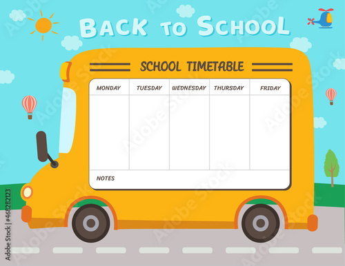 Back to school timetable design with school bus illustration.