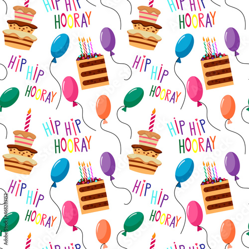 Festive pattern with letters - hip hip hooray,, cake, candles and balloons. Vector illustration. For use in packaging, gifts, covers, brochures and flyers, birthday and childrens parties.