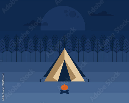 Night nature landscape with tent, campfire, mountains, moon and pine forest. Evening summer camp. Flat vector illustration. Adventure nature tourism, travel, camping, hiking or backpacking concepts. 