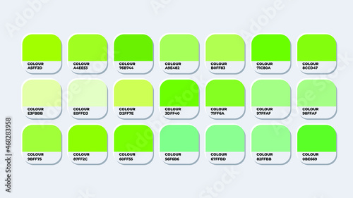 Pantone Colour Palette Catalog Samples green in RGB HEX. Neomorphism Vector