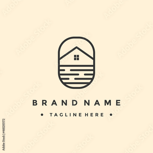 home logo line with house in circle shape with ocean wave
