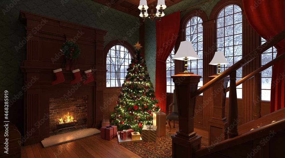 Christmas room vintage style interior 3d illustration