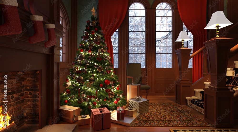 Christmas room vintage style interior 3d illustration