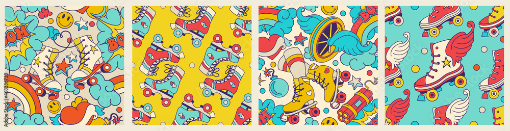 Obraz premium Set of Groovy seamless patterns and retro background with rollers, emoticons, wheels, hearts, wings.Pop 80's-90's funny doodles for wrapping, wallpaper, fashion apparel, square social media post.