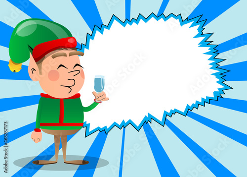 Christmas Elf with a glass of water. Vector cartoon character illustration of Santa Claus's little worker, helper.