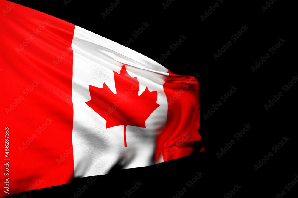 3D illustration of the national flag of Canada on a metal flagpole fluttering against the black isolated background. Country symbol. 3D illustration of the national flag of Canada on a metal flagpole fluttering against the black isolated background. Country symbol.