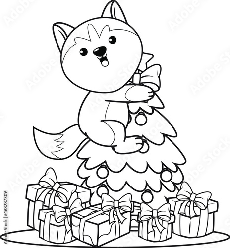 Christmas colouring book with cute husky