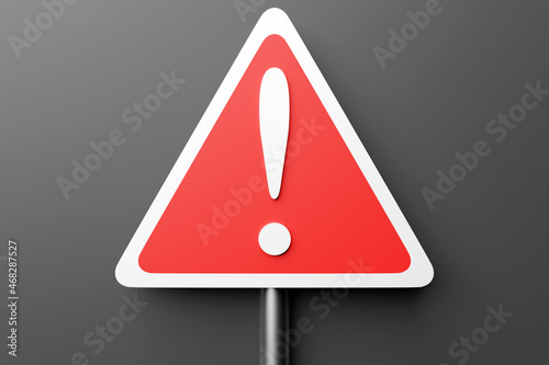 3D illustration exclamation danger sign on gray isolated background. Warning attention sign