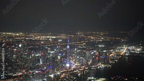 Wallpaper Mural Flying By Downtown Skyscrapers At Night Over Water By Downtown Core Cn Tower Aerial Airplane View Torontodigital.ca