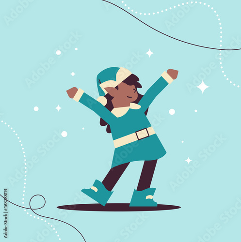 female elf in uniform having fun african american girl santa helper celebrating happy new year merry christmas holidays