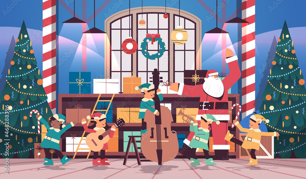 elves with musical instruments santa helpers team playing guitar and trumpet happy new year christmas holidays celebration