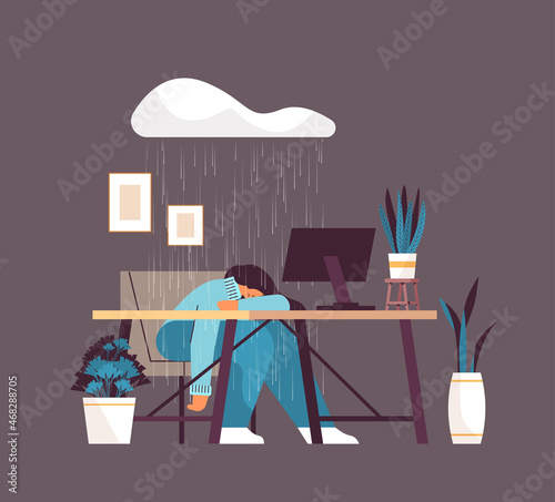 tired depressed businesswoman sleeping at workplace under rain cloud girl feeling desperate mental health diseases