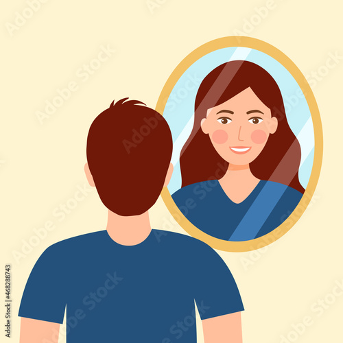 Man transgender looking in the mirror and seeing woman in flat design. Gender identity.