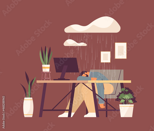 tired depressed businessman sleeping at workplace under rain cloud guy feeling desperate mental health diseases depression