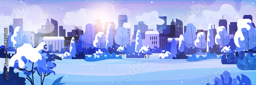 snowy urban park cityscape background merry christmas happy new year greeting card horizontal