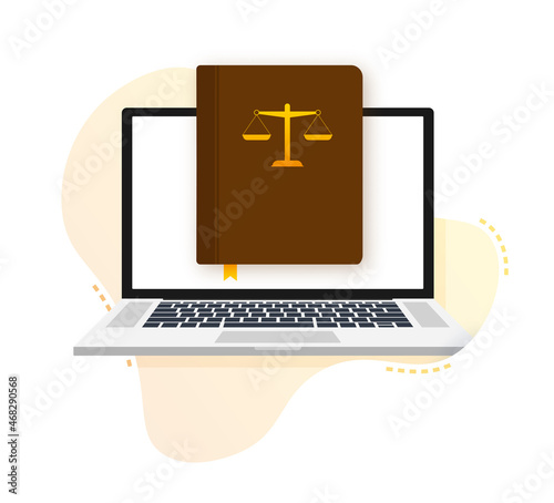 Justice scales and wood judge gavel. Wooden hammer with law code books. Vector stock illustration.