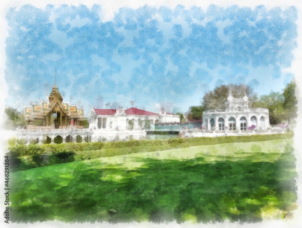 Bang Pa-In Palace in Thailand watercolor style illustration impressionist painting.