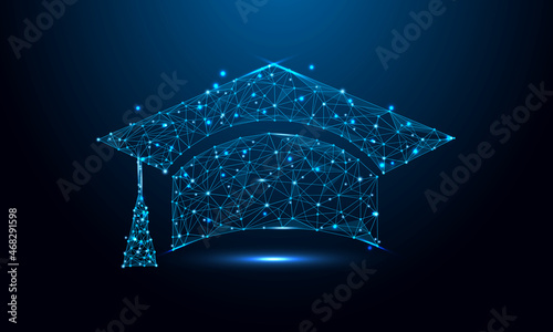 Geometric shape futuristic polygonal vector of Graduation Cap in the form of a starry sky space. Consisting of points, light, lines, and low poly shapes in the form of design.