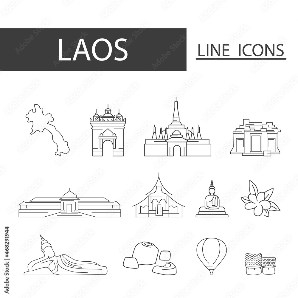 Icons set of Laos black thin line. Set of map, architecture, tradition and more.