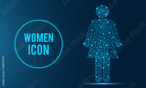 Geometric shape futuristic polygonal vector of Women Icon in the form of a starry sky space. Consisting of points, light, lines, and low poly shapes in the form of design.