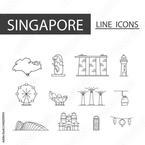 Icons set of Singapore black thin line. Set of map, architecture, tradition and more.