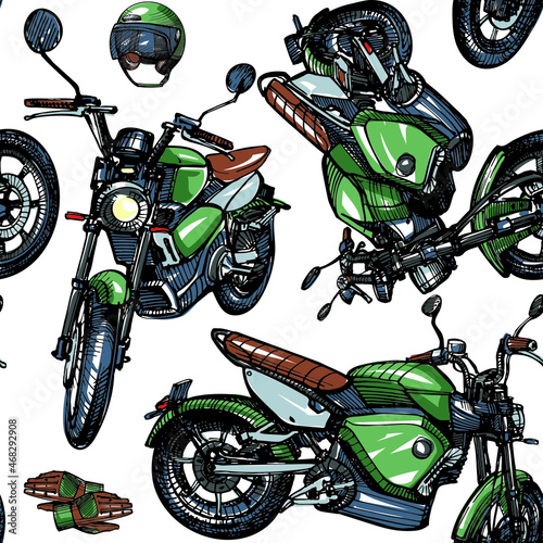 A classic-looking motorcycle - hand-drawn sketch. Seamless Pattern