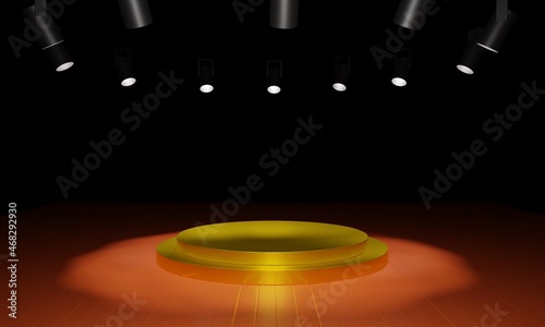 gold podium in the red room.3d rendering. 