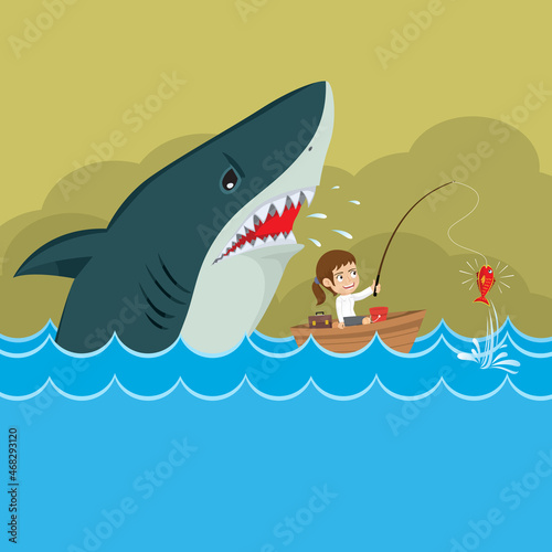 Cartoon businesswoman boat fishing with huge shark sneak attack, Businessman sharks concept, Illustration vector cartoon