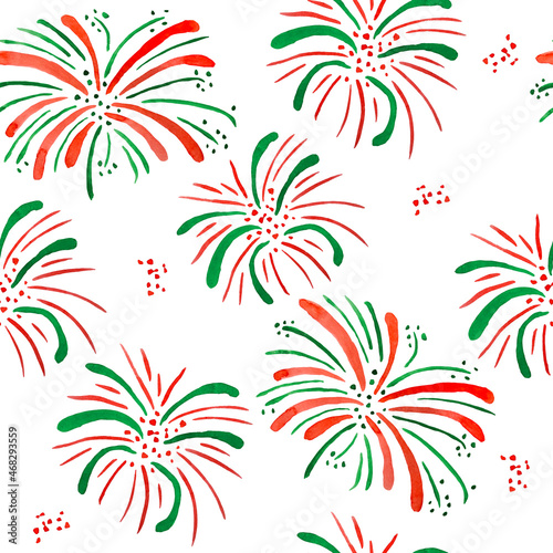 Watercolor hand drawn seamless pattern with fireworks in sky, party celebration, green red christmas elements on white background, festive holiday winter celebration, funny abstract traditional print.