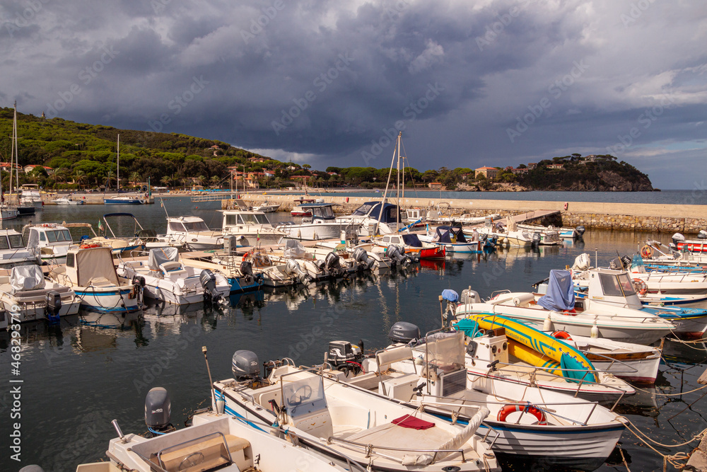 Cavo, Island of Elba Province of Livorno Italy - 20 September 2021 Port of Cavo with dramatic sky before thunderstorm