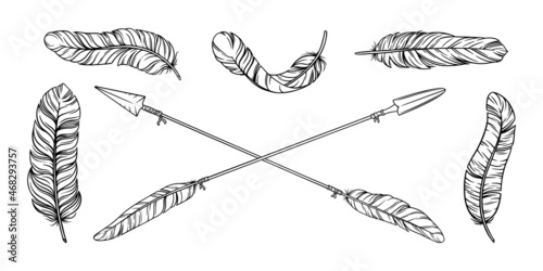 Arrow with tribal feathers. Decorative boho indian arrowheads and feathers. Native aztec or hipster tattoo sketch isolated in white background