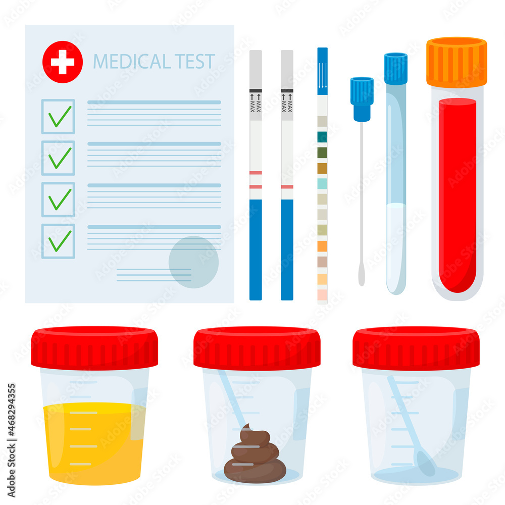 Laboratory analysis set. blood test, urine, semen, feces, pregnancy test,  urine test. Cartoon style Stock Vector | Adobe Stock