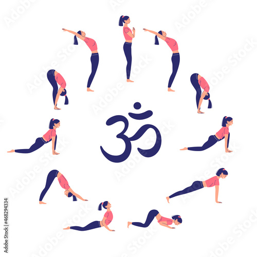 surya namaskar, greeting the sun, complex of asanas in yoga. cartoon style