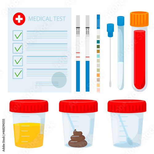 Laboratory analysis set. blood test, urine, semen, feces, pregnancy test, urine test. Cartoon style