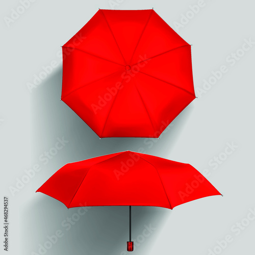 Vector 3d Realistic Render Red Blank Umbrella Icon Set Closeup Isolated on Grey Background. Design Template of Opened Parasols for Mockup, Branding, Advertise etc. Eps10 vector illustration