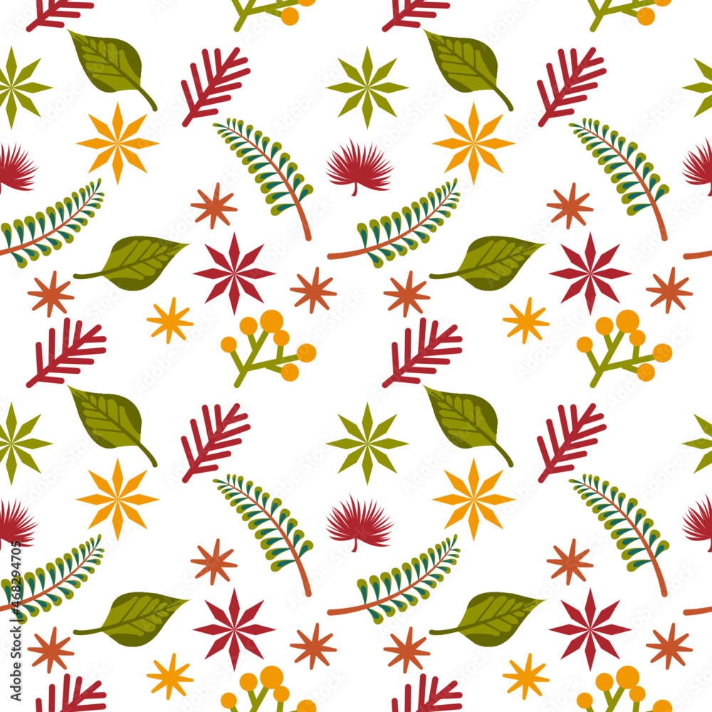 Autumn leaves cute seamless pattern on white background . Colorful fallen leaves and berries flat illustration. Autumnal wallpaper or textile design in vector Autumn leaves cute seamless pattern on white background . Colorful fallen leaves and berries flat illustration. Autumnal wallpaper or textile design in vector