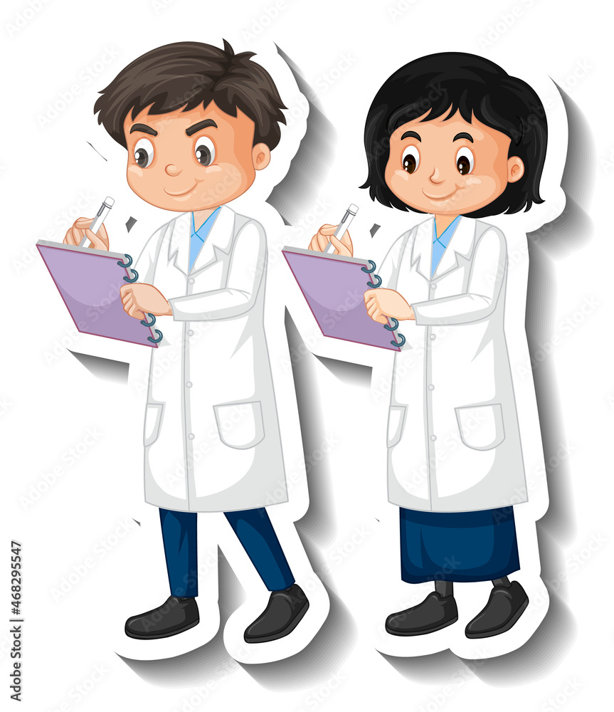 Scientist couple kids cartoon character sticker Scientist couple kids cartoon character sticker