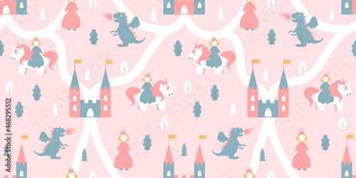 cute vector seamless pattern with princesses, unicorns, dragons and castles. childish pattern in flat style for printing on fabric, wallpaper, clothing