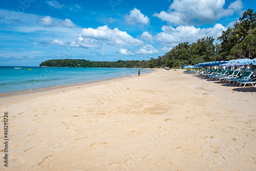Kata Beach Phuket Thailand, a tropical beach with white golden sand and palm trees in Thailand. 