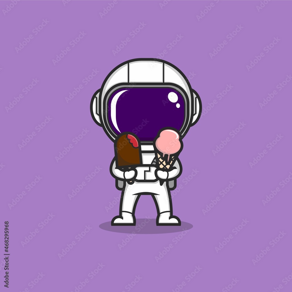 cute cartoon astronaut with big ice cream. vector illustration for mascot logo or sticker