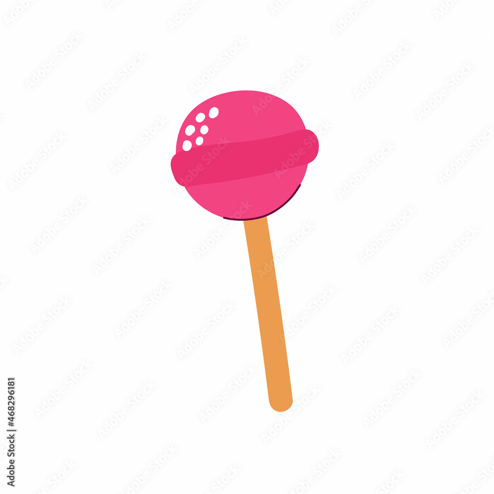 Cartoon round candy on a stick. Lollipop isolated on white background. Yummy lolly. Hand-drawn color pink sweet dessert for kids party, Easter, birthday. Vector kawaii trick or treat illustration