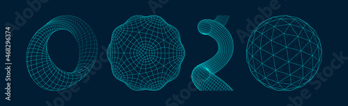 Sphere, spiral and mobius strip. Geometrical figures. Wireframe illustration. Abstract grid design. Technology style. 3d vector illustration. photo