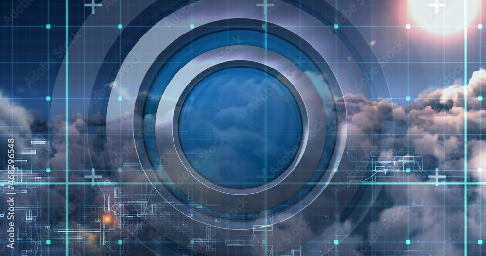 Obraz premium Zoom view of network connectivity icon among the clouds with moving grid screen background